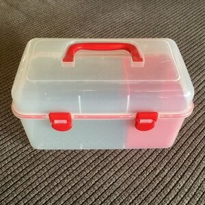 Clear Red Organizing Box Caddy Art Crafts Makeup Lunch Bento ~9.5" x 6"